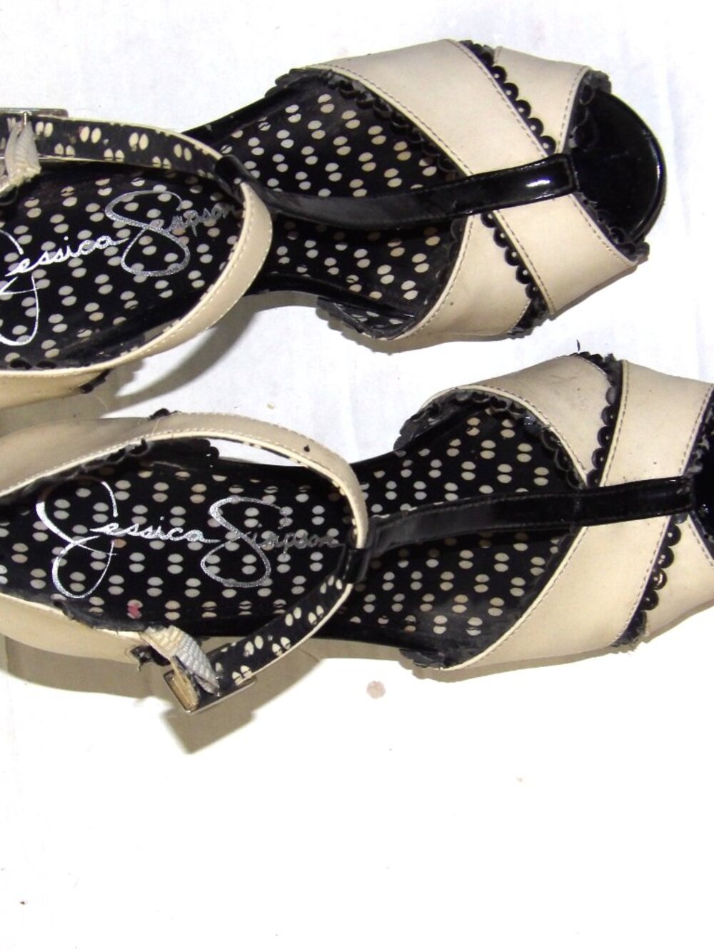 Jessica Simpson Vintage Cream And Black T-Strap Heels, Peep Toes  Women Size 6.5